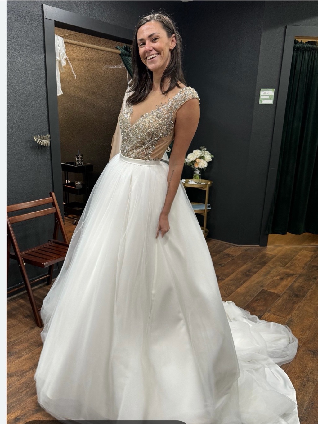 Embellished Ivory Tulle Ball Gown Dress With Beaded Bodice